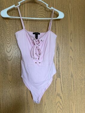 Forever 21 Pale Pink Lace-Up Spaghetti Strap Bodysuit